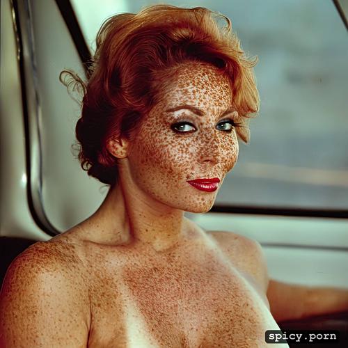 highres, exposed erect nipples, freckles, 1970 s porn magazine cover