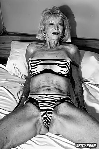 sexy senior american granny, seventy nine of age fit body tan lines blonde hair laying in bed spreading legs wide one leg up high in air splits spreading pussy lips in bedroom silk sheets on bed looking at viewer she is wearing zebra print lingerie her pussy is very wet