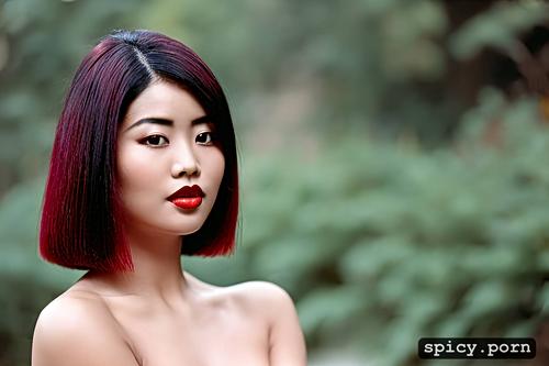 cherry red and black hair, asian female, seductive, natural breasts