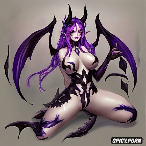 nice natural boobs, little horns, black draconic wings, presenting pussy to the viewer