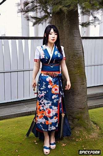 30yo, japanese sword, extremely beautiful face, hot body, temple japanese garden