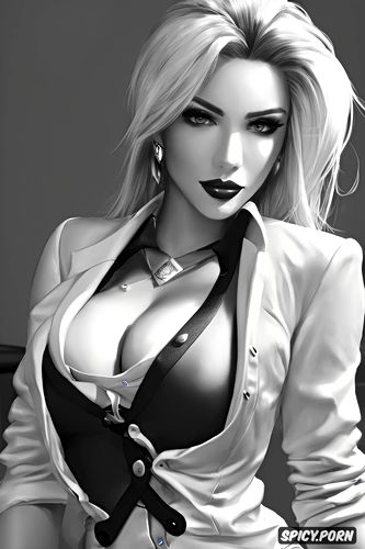 ashe overwatch milf full lips black blazer white shirt shirt unbuttoned beautiful face