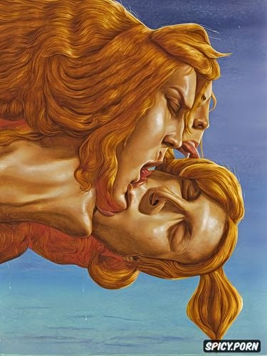 virgin mary lesbian couple kissing, sidele, rainbow sky