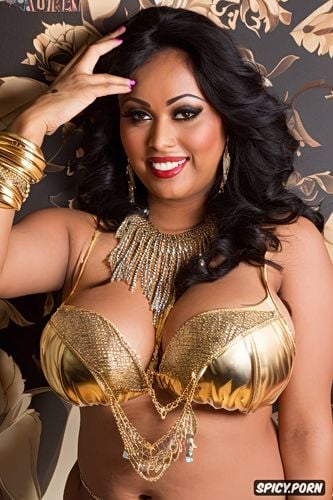 indian model, busty, hourglass body, silver and gold jewellery