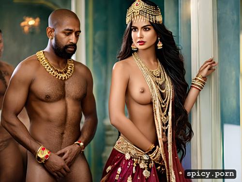 princess of india wearing only jewellery and not clothes and standing in a hallway full of nude black men