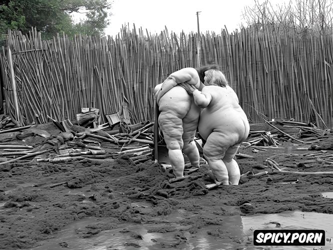saggy boobs, short red hair, massive ass, in mud pit, enormous ass