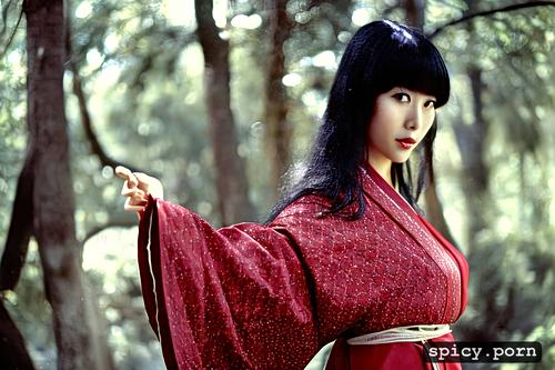 fantasy, black hair, dragon, aiko, red, beauty nice, kimono