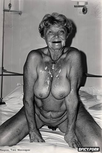 smile, very old slim german grandmother, lying on the bed, cross arms in front of tits