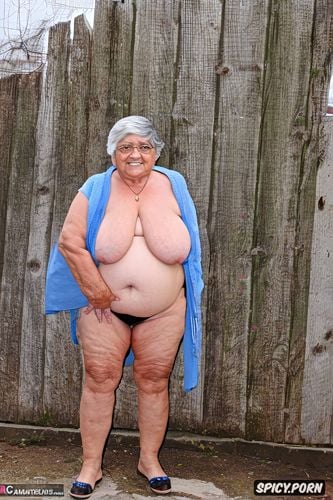 she is topless, tan lines, o shaped short legs, smiling hot granny