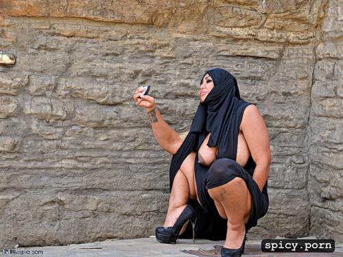 sexy egyptian clothing, squatting for photo, hyper detail, huge boobs