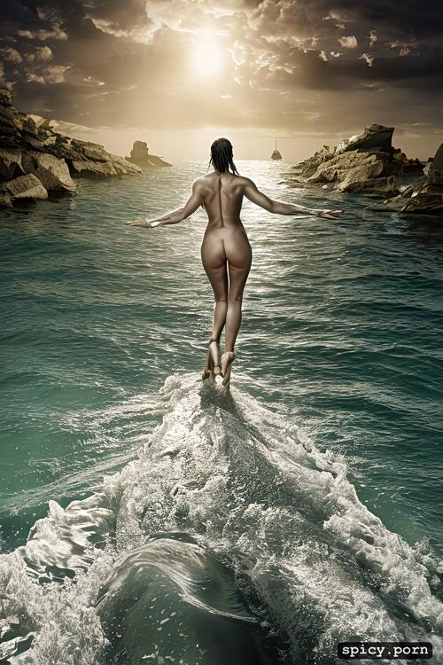 superdetailled l very tall witch nude naked, 3 meter high waves