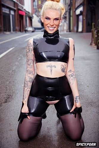 big smile, long neck, latex, evil thin eyebrows, public street