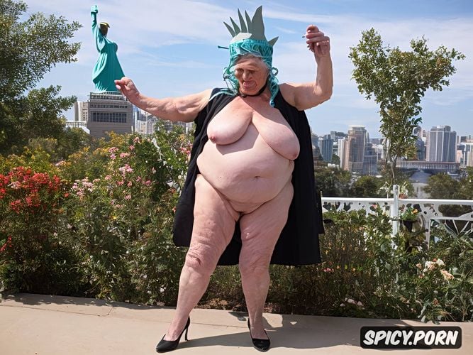 very huge massive big breasts naked to the viewer, 90 year old fat old woman dressed as the statue of liberty seen in full body showing her well detailed obese body
