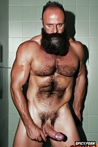 ripped abs, strong hard leg showing his big hard uncut dick in the bathroom