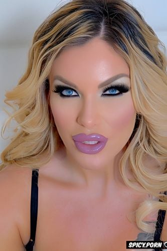 pink lipstick, beautiful face closeup, blonde bimbo, over the top makeup
