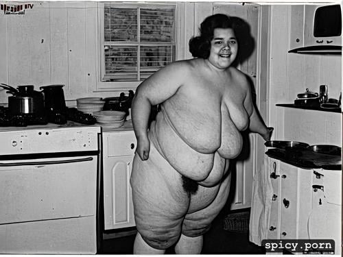 standing in kitchen, fully naked, hanging huge tits, vintage photo of enormous body obese ssbbw woman