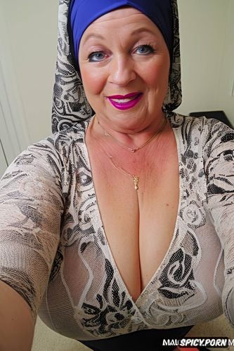 look tits, only pink headscarf, pink lipstick, white breasts