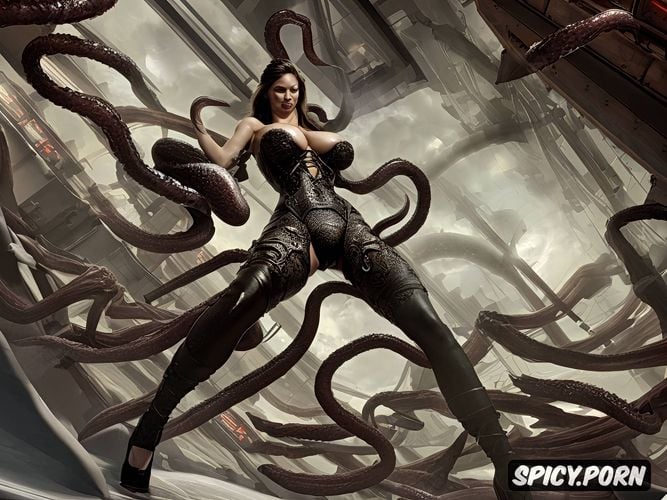 legs arched, great legs, massive tentacle going into mouth, high heels