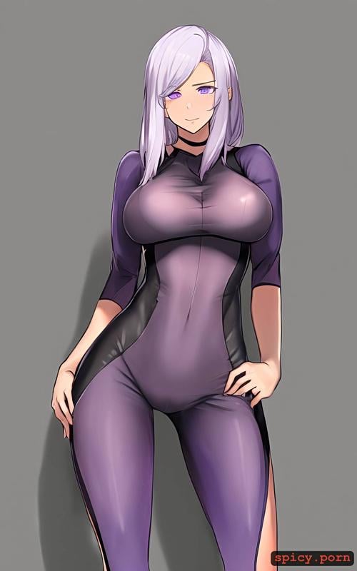 gray hair, catsuit, purple eyes, see through clothes, pastel colors