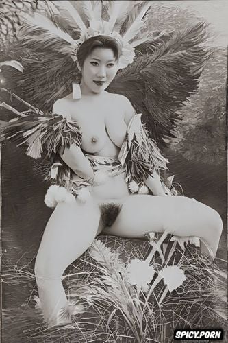 sepia, japanese nude, granny tits, samba, spreading legs, hairy vagina