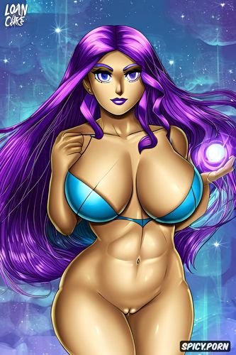 small boobs, laying on a bed naked no clothes, long purple hair