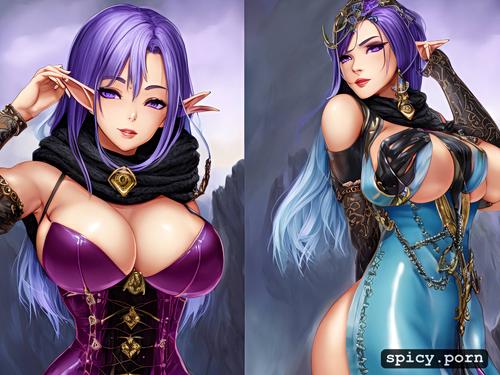 purple eyes, elf, detailed, scarf, highres, full body, 3dt, 91tdnepcwrer