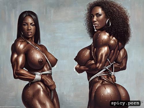 bdsm, tied hands, bulging muscles, ultrarealistic, black woman