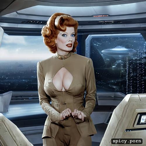 lucille ball on the bridge of the starship enterprise, wearing sci fi uniform