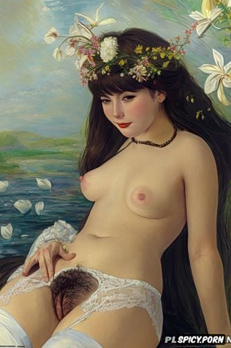 full body shot, lying down, absolutely flat chest beautiful teen white women with a white lily in her right hand
