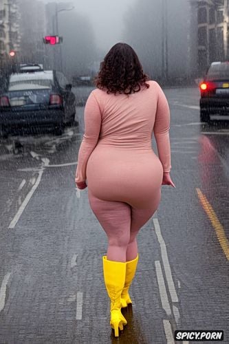 large teeth, very cute face, hoop earrings, slutty makeup, rain gear