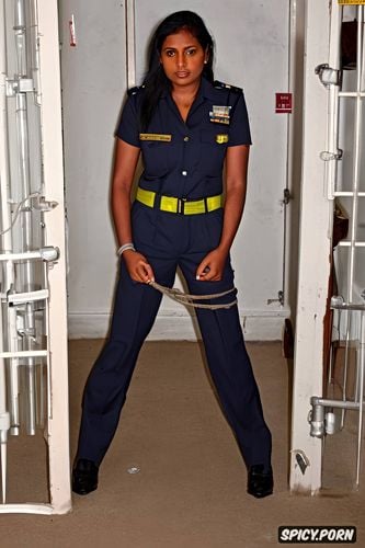 maitreyi ramakrishnan, lesbian, molesting, prison cell, punishment indian khaki policewoman uniform canon d dslr quality photo realistic