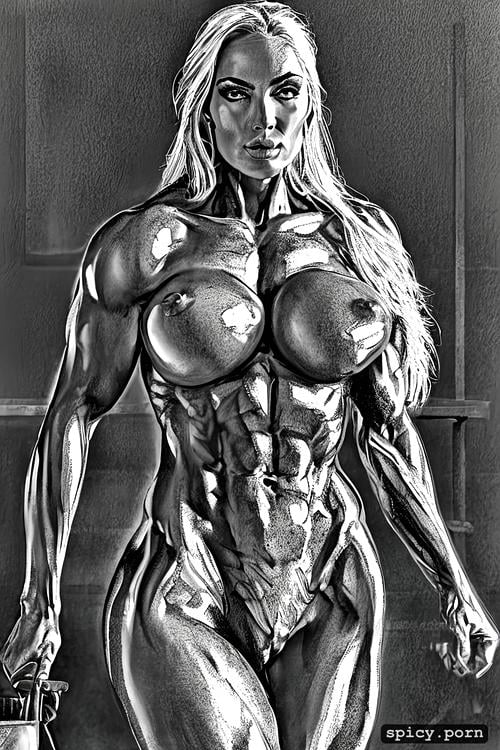 highres, 8k, ultra detailed, slave, nude muscle woman, masterpiece