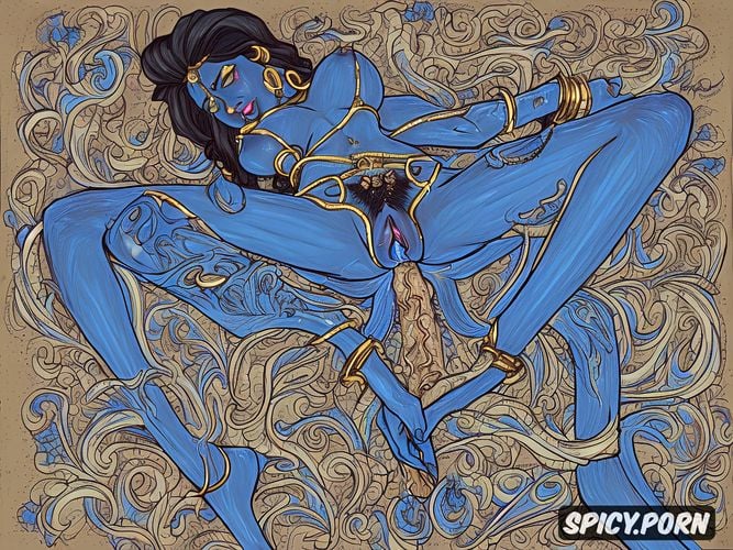 detailed blue dick penetrating dark pussy, blue face, black hair