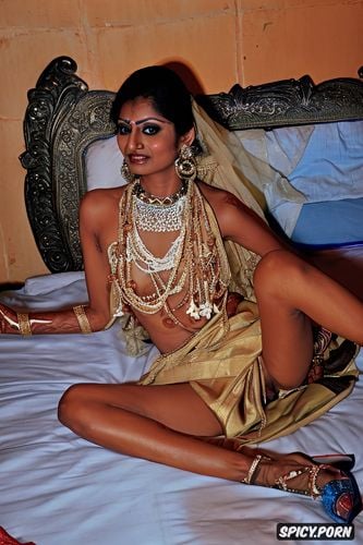 in traditional gujarati wedding dress, sprawled out in bed, a typical young skinny petite gujarati villager newlywed bride introduces her virgin pussy to the viewer on her honeymoon