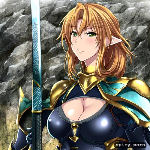 tiny tits, holding a sword, elf ears, 54 years old, golden hair
