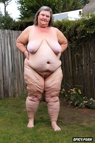 an old fat woman naked with obese ssbbw belly, front view, showing her futanari big dick