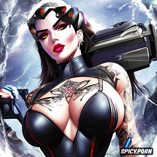 tattoos masterpiece, k shot on canon dslr, ultra detailed, widowmaker overwatch beautiful face milf sexy low cut leather mistress outfit