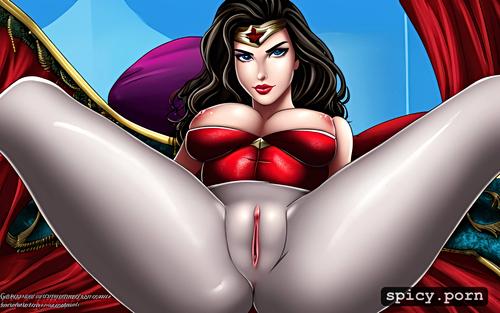 naked, a cup small boobs, pussy gape, in a bedroom, if 1970s wonder woman was a 35 yo brazilian porn star
