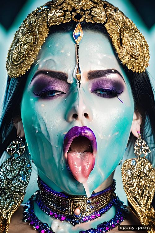 semen in mouth, cum everywhere, in a high resolution 4k image many colors an 30 year old berber woman adorned with hair jewelry staring straight into camera with tongue out in a face portrait with a very long neck in a necklace sticking her very long tongue out in the camera tongue ring long tongue pink tongue tongue out cum on tongue cum all over face pov bukkake colored stained glass background rendering bimbo pouty lips square jaw glitter lipstick bukkake
