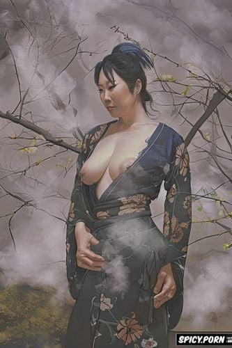 small perky breasts, wide hips, nude portrait, torn kimono, smokey
