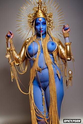 opulent jewellery, skimpy clothes, magical bokeh dust, busty blue body