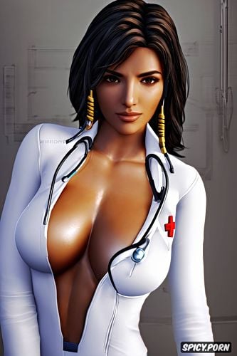 ultra detailed portrait, ultra realistic, pharah overwatch female nurse black nurse scrubs white undershirt scrub top opened beautiful face full lips young