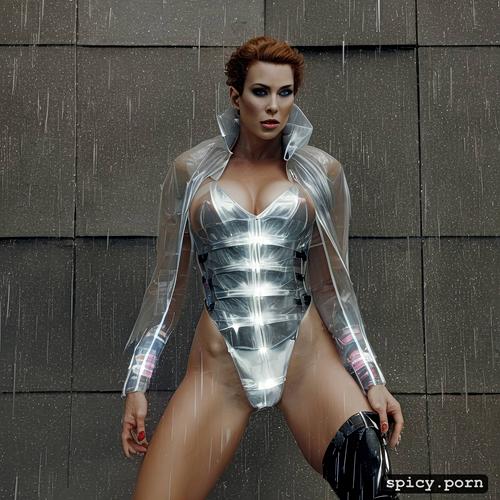 wearing clear plastic rain coat, joanna cassidy as zhora from the movie blade runner