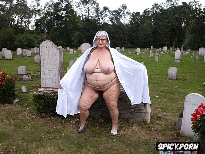grave with headstone in a cemetery, saggy big huge tits, fat