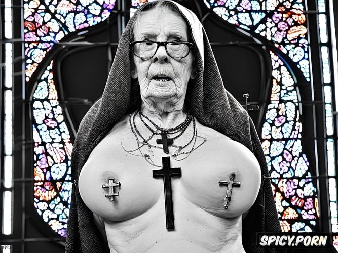showing pussy, cross necklace, glasses, cathedral, very old ugly granny