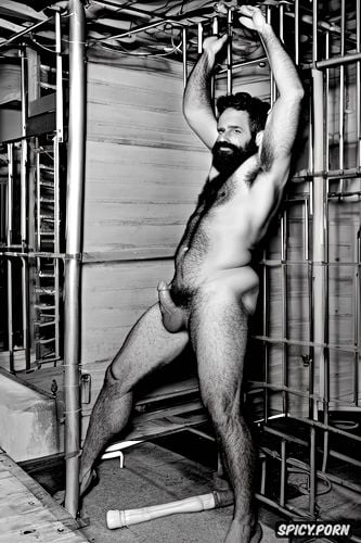 solo very hairy gay muscular old man with a big dick in orange prison clothes and perfect face beard showing hairy armpits in a jail cell chubby body