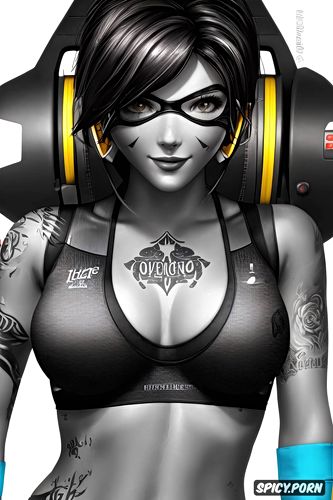 ultra detailed face shot, ultra realistic, tracer overwatch beautiful face tight black yoga pants skin tight black sports bra tattoos milf