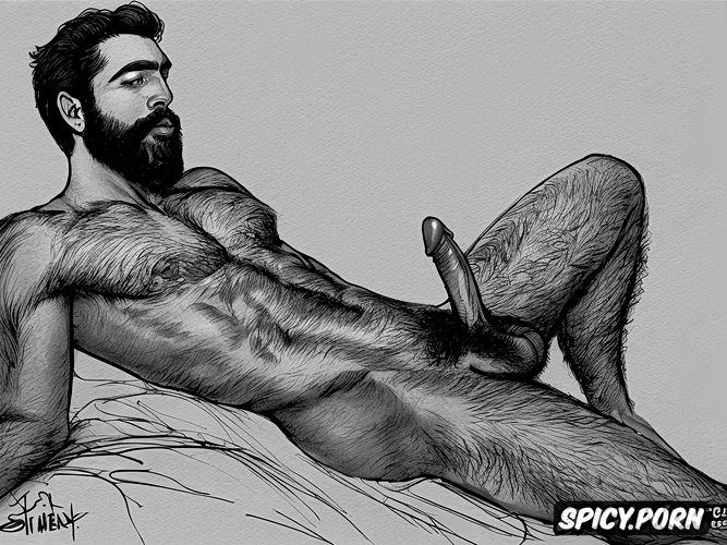 dark hair, sketch of a naked penis sucking bearded hairy man