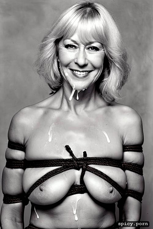 smiling, realistic, tied up in, helen mirren, detailed, shibari ropes