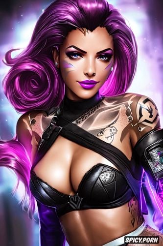 ultra detailed, ultra realistic, sombra overwatch beautiful face young slutty nun costume tattoos